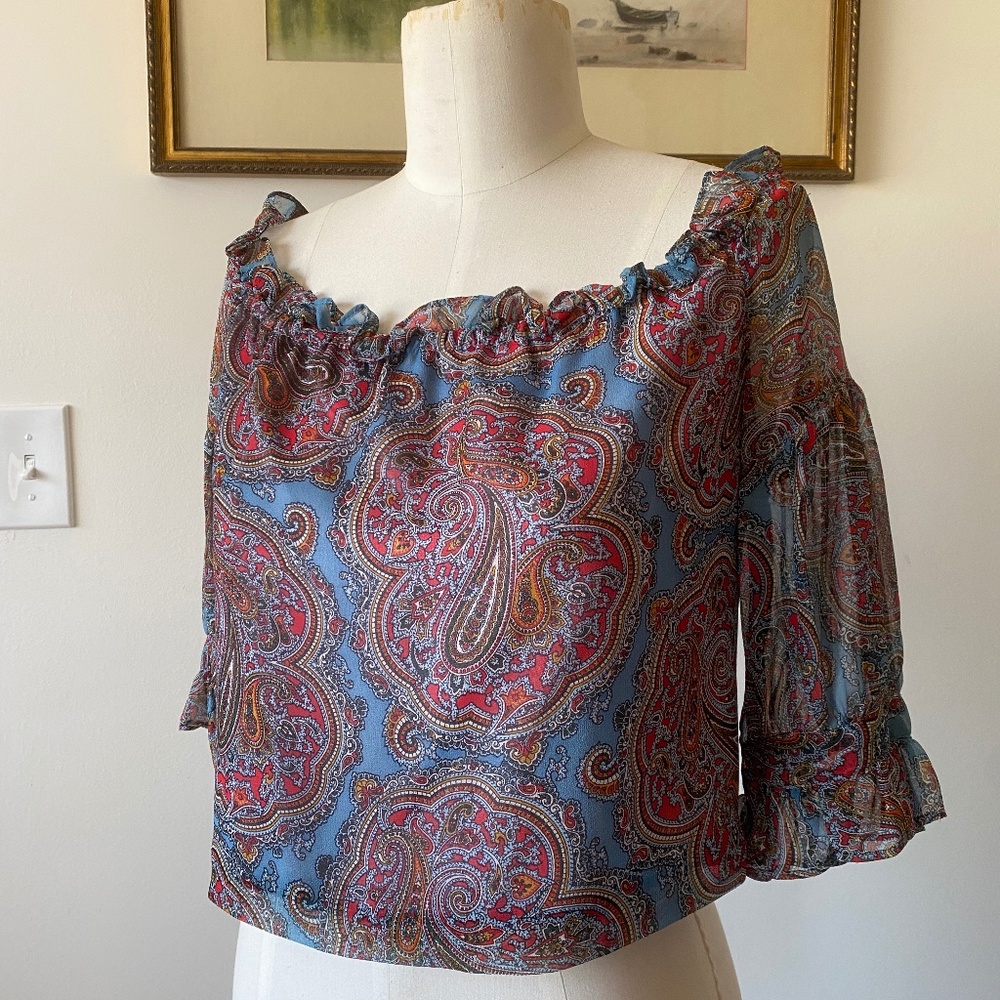 Anna Sui Y2K Blue Paisley Silk Peasant Blouse Sz 2 Midriff LIKE NEW RARE VINTAGE